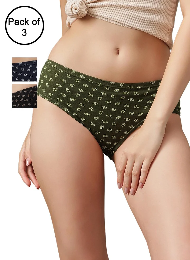 كلوفيا Pack of 3 Mid Waist Printed Hipster Panties with Inner Elastic - 100% Cotton